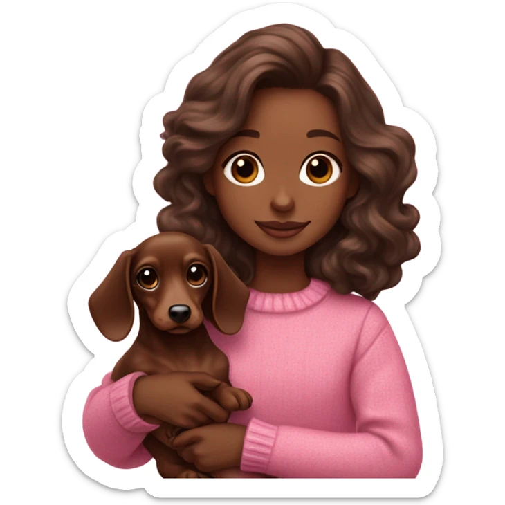 white girl with dark brown wavy hair in a pink sweater holds a dachshund chocolate and cream long haired puppy in her arms sticker