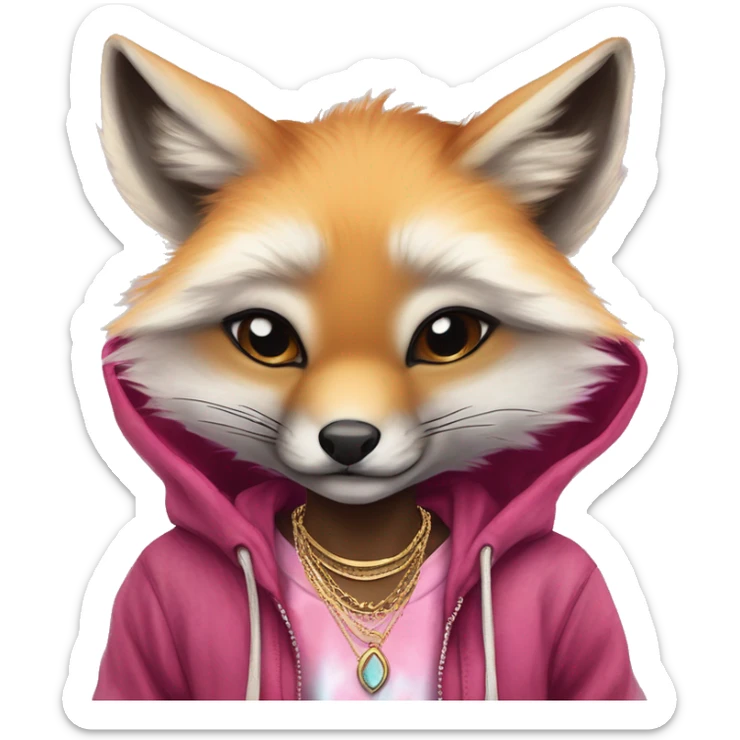 Pink magenta burgundy maroon cyan beige gray fox wearing a pink hoodie with gold jewellery gold piercings gold ear piercing gold nose piercing vintage watercolour tie dye black raven wings sticker