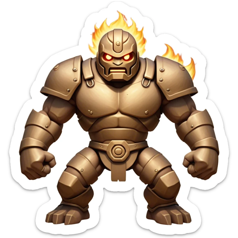 Cinematic Fierce Mighty Iron Golem Portrait Emoji Depicted mid-action in a dynamic, battle-ready stance, massive fists clenched, the ancient metallic plates along its form shifting with raw power. Its eyes blaze like molten fire within a carved, rune-etched face, exuding both divine purpose and mechanical precision. Weathered steel and dark bronze tones are accented by glowing, arcane inscriptions, each detail meticulously crafted with lifelike metallic reflections. High shine, imposing yet regal, styled with an air of indestructible might, soft glowing outline, capturing the essence of an unstoppable colossus that looks ready to charge forth with a thunderous step! sticker