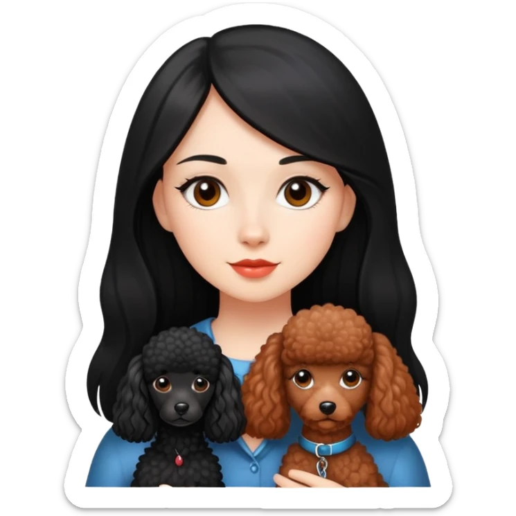 A beautiful girl with fair skin has long straight black hair and a miniature reddish-black Poodle. sticker