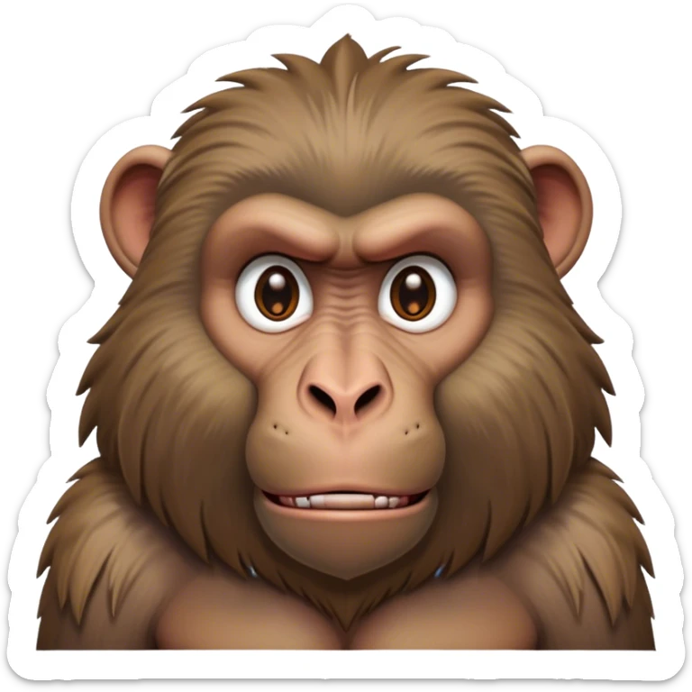 Cinematic Noble Baboon Portrait Emoji, Poised and regal, with a robust, muscular build and a richly textured Fur of earthy browns, deep-set soulful eyes with a mischievous glint, Simplified yet sharp and sophisticated features, highly detailed, glowing with a warm, dignified glow, high shine, intelligent and bold, stylized with an air of untamed urban majesty, focused and attentive, soft glowing outline, capturing the essence of a watchful and confident primate, so majestic it feels as though it could stride out of the screen with effortless authority! sticker