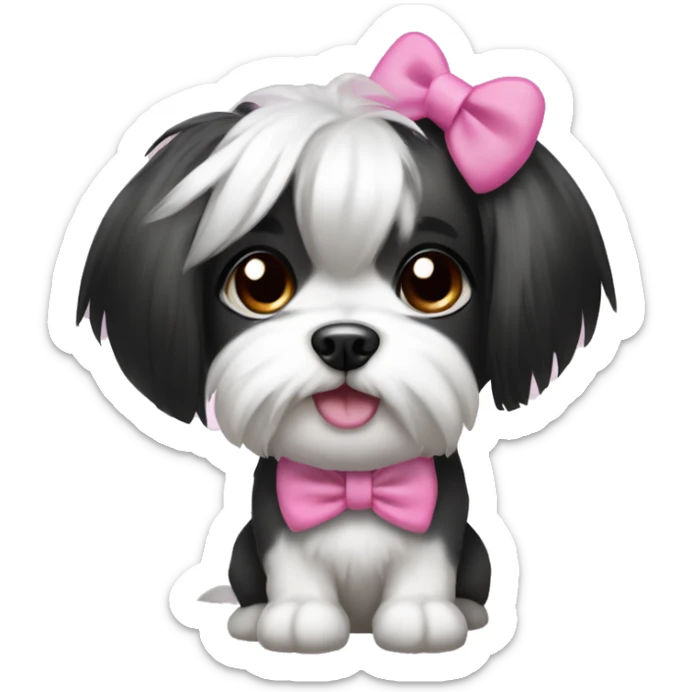Girl dog shitzu with black and white hair with a side ponytail and a pink bow on her head with her hair sticking up sticker