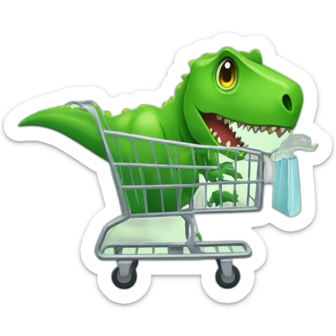green t-rex with a green alien in a shopping cart in the style of iphone  sticker