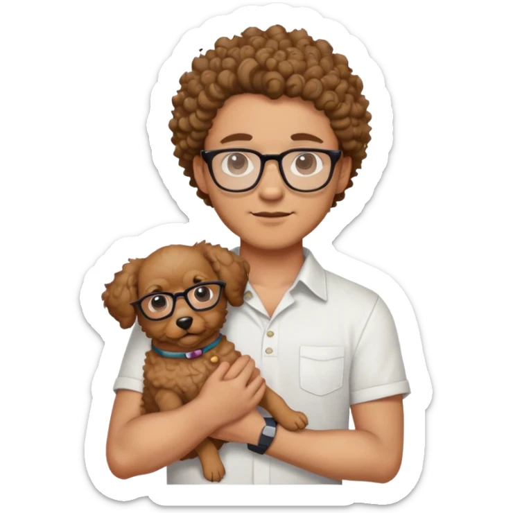 buatkan emoji laki laki kuliahan dengan rambut ikal menggunakan kacamata, menggendong anjing lucu tanpa kacamata, warna baju putih, dan latar foto putih sticker