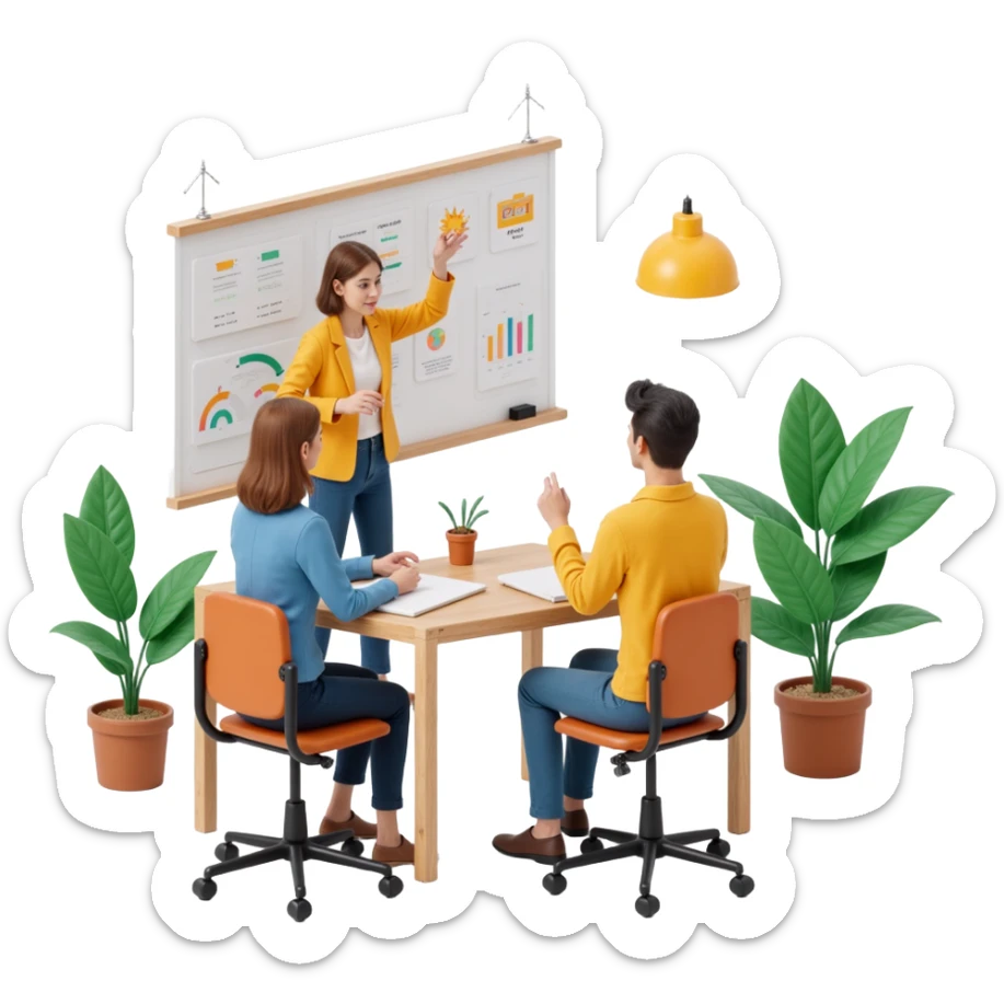 a group of creative people brainstorming at a whiteboard, skeuomorphism style sticker