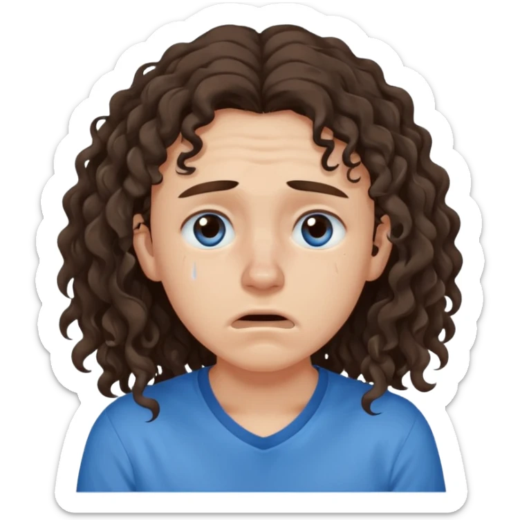 white young long dark brown CURLY hair, with a blue shirt, in despair crying, brown eyes, septum nose piercing sticker