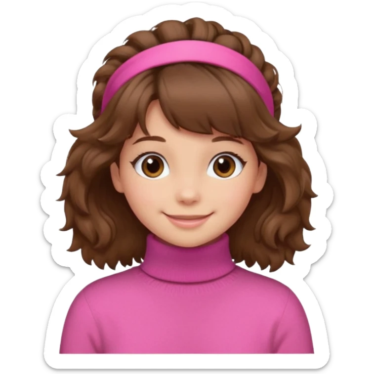 brown fluffy haired girl with pink turtleneck sweater and hair band sticker