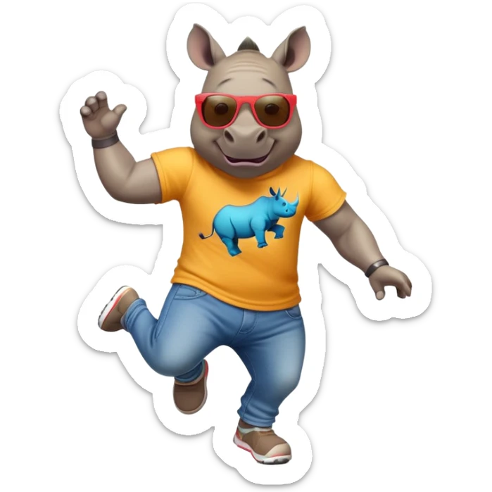 friendly anthropomorphised rhino in jeans and colourful t-shirt, wearing dark sunglasses, jogging upright, jumping with excitement, dynamic pose sticker