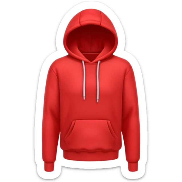 A 3D cartoon red hoodie with soft folds, drawstrings, and a casual fit, isolated plain background. plain , no texture. sticker