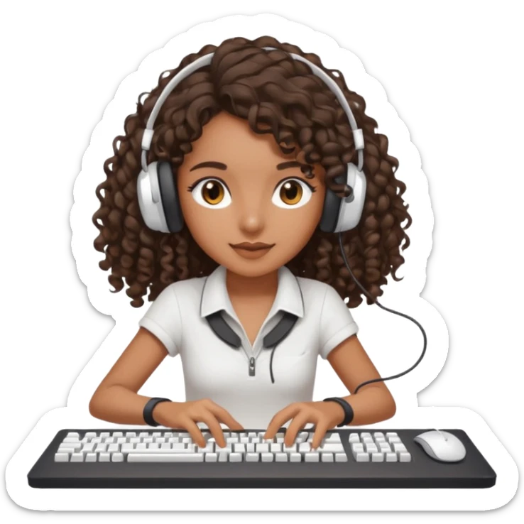 Brown skin Spanish girl with long dark curly hair, wearing a white gaming headset and playing on keyboard with a gaming mouse i sticker