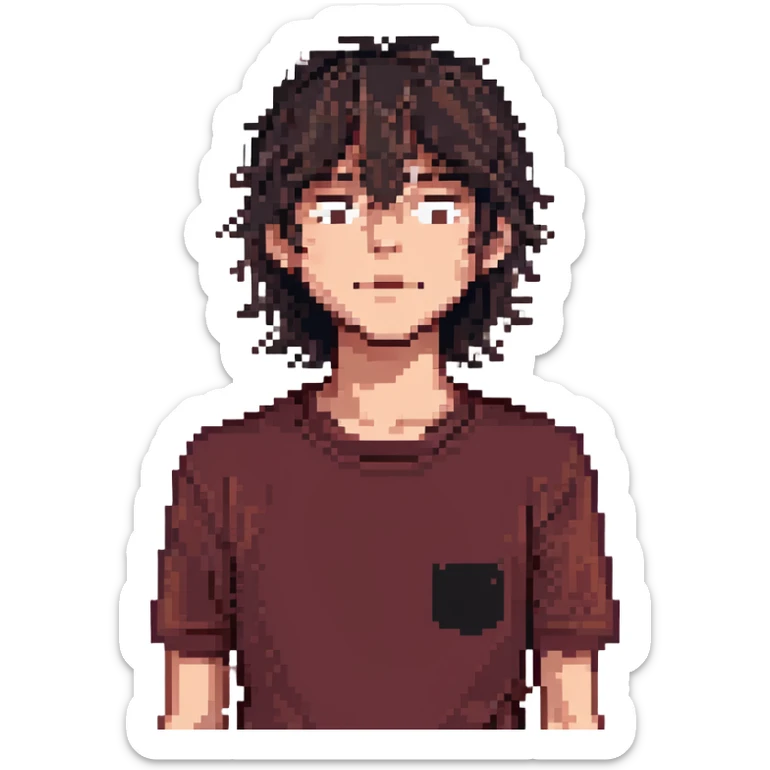 A boy with bangs covering his eyes, long hair sticking out at the back, and long sideburns. He has brown eyes and dark brown hair. He is wearing a maroon t-shirt and has an elongated jaw. He has two moles on the right side of his face, one below the eye and one on the cheek. sticker