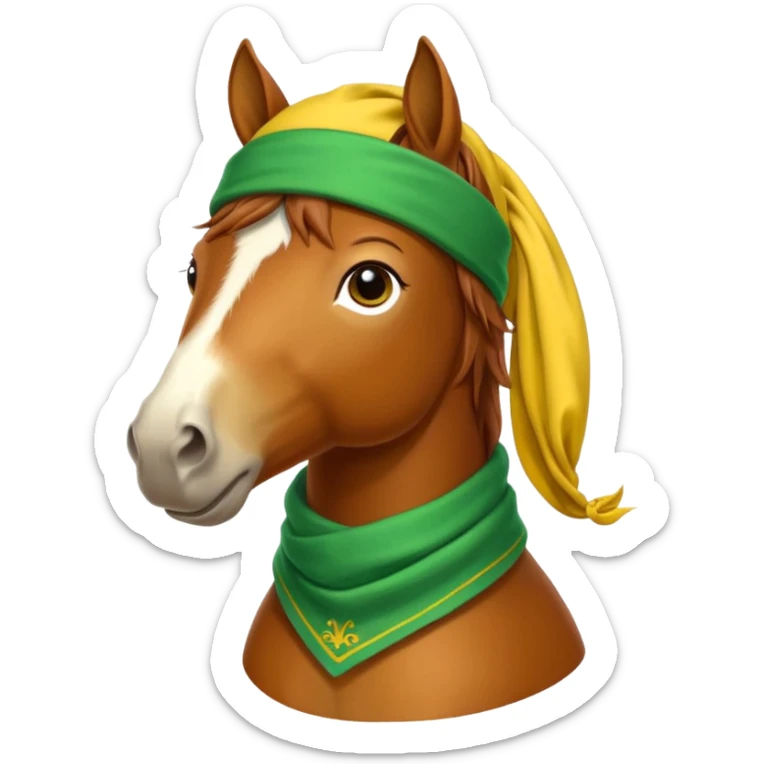 a fabulous funny winter horse in a green bandana hat with a yellow scarf sticker