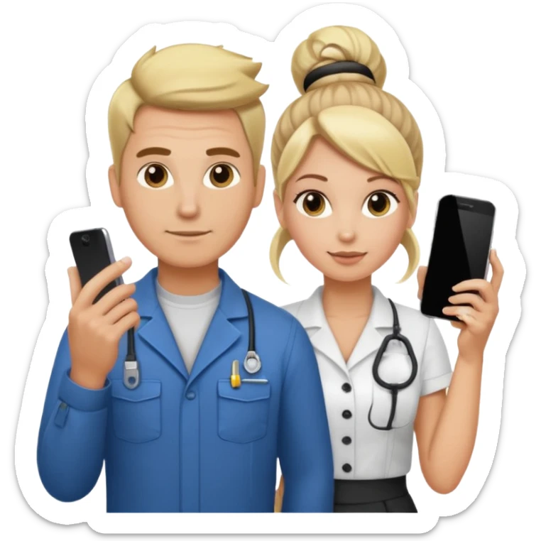 White male electrician and pretty blond office hair stylist with a bun holding phone sticker