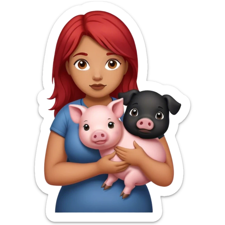 Thick girl with red hair on left and black hair on right holding her pet pig sticker