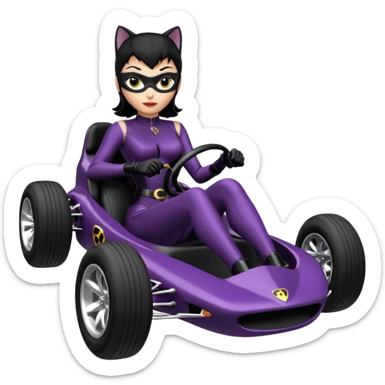 full size real-appearance road glowing racing sexy buxom CatWoman’s feminine midnight-colored tight outfit sixty’s tv show dark stealthy accurate sporty safe plush deluxe off-road pursuit drifting car jaguar (black hair,reclined and relaxed torso and shoulders back against seat) cross kart  sticker