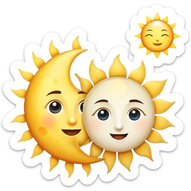 a really bright  big sun and a small moon who shines because of it. the sun is bigger and the moon bright too sticker