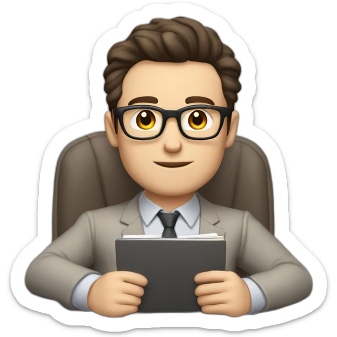 Pale skinned Fit Man With dark brown hair in gray jacket, beige office shirt and vintage glasses sitting In a soft chair with a notebook with emblem Ψ and a pen in his hands sticker