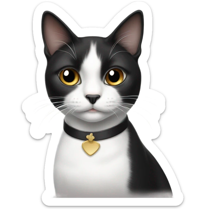 Tuxedo female cat, white paws, white tummy, black mark near nose sticker