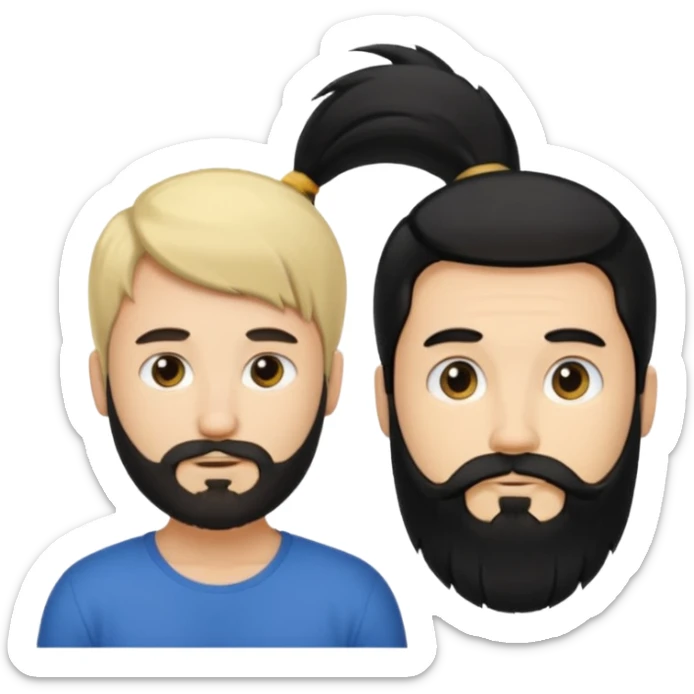 Man with long black hair tied in a tail and beard with a young blond short-haired without a beard sticker