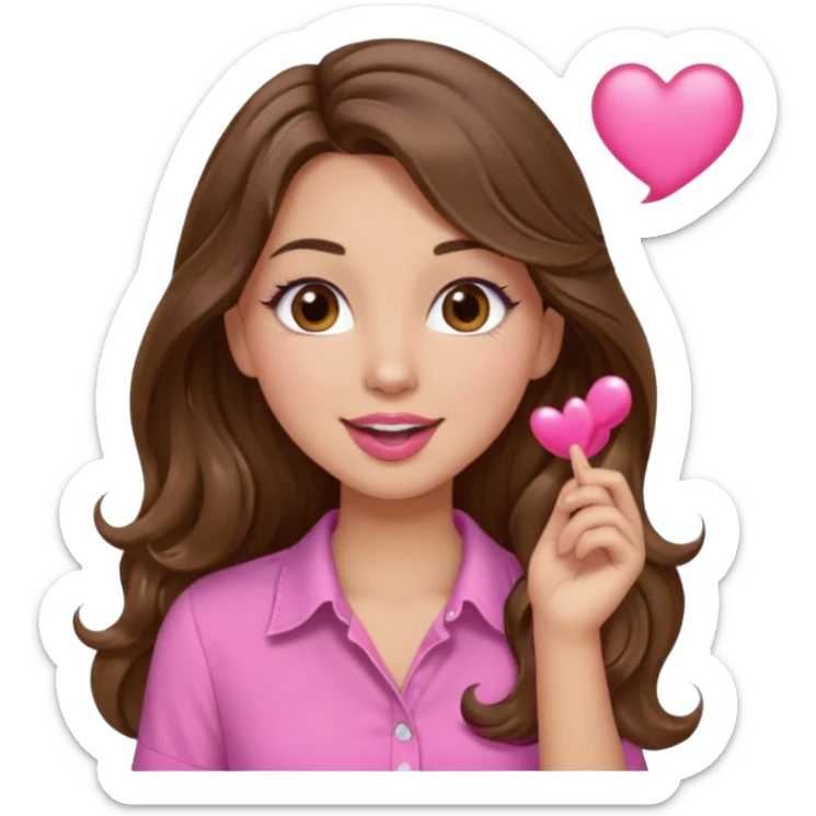 girl with long wavy brown hair, brown eyes, light to medium complexion, in a pink shirt, pink lips, long lashes, blowing a kiss sticker