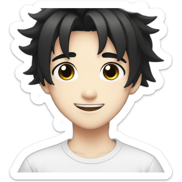 anime boy cartoon smiling with black hair, black and white t shirt, and black eyes sticker