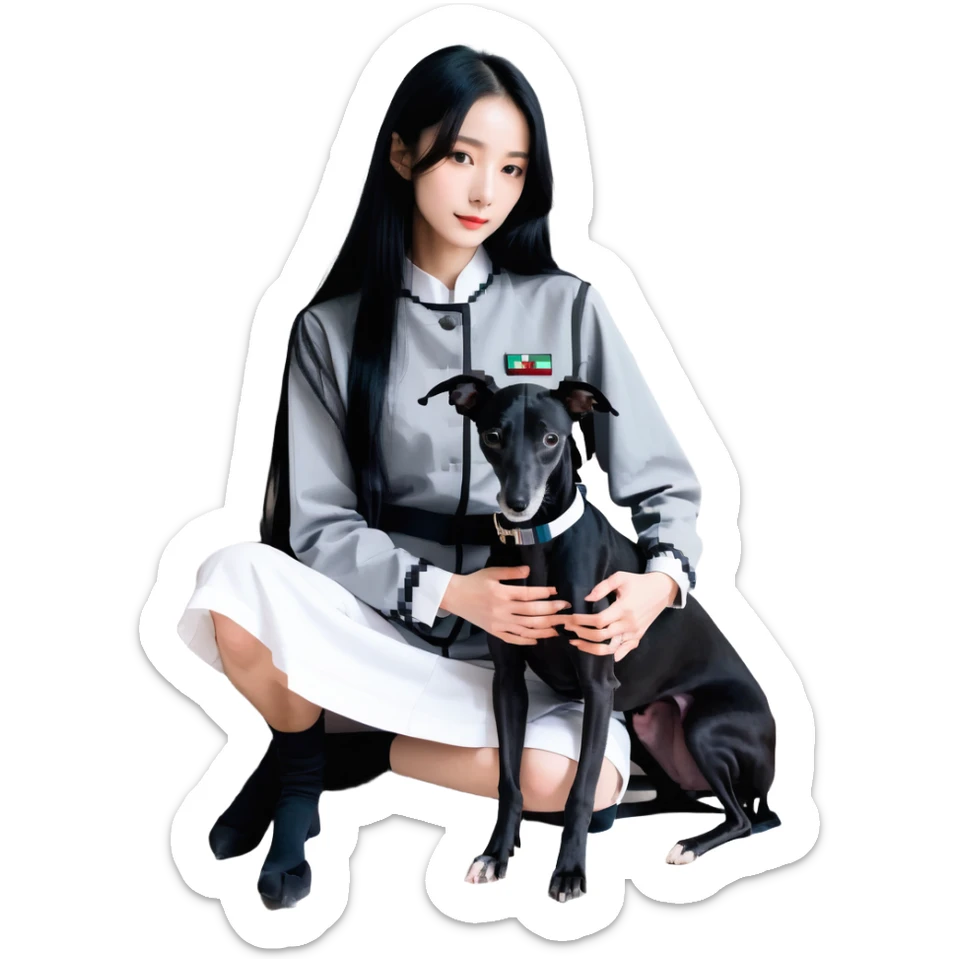 Slim Chinese girl with long black hair and her completely solid dark grey Italian greyhound in a cozy home setting, the dog has absolutely no white markings on face or nose, completely uniform grey color throughout sticker