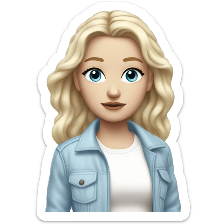  blonde hair white girl with long hair, in a white patched jacket with light blue patches, light blue eyeshadow sticker