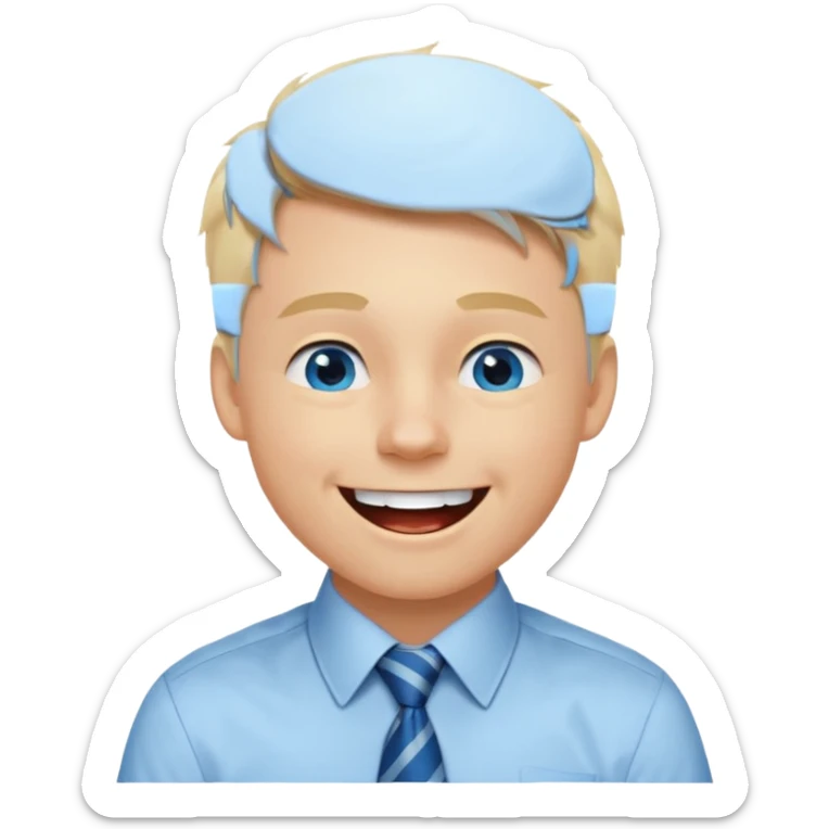 A young guy with blonde hair and blue eyes that looks masculine. make him wear a shirt with a tie. he is danish. He is laughing extremely hard. More extreme expression sticker