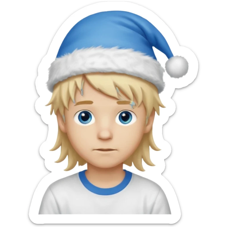 create boy blonde hair long messy, light eyes, white t shirt, rich, long hair, eyes blue, acessory head cristimas blue hat sticker