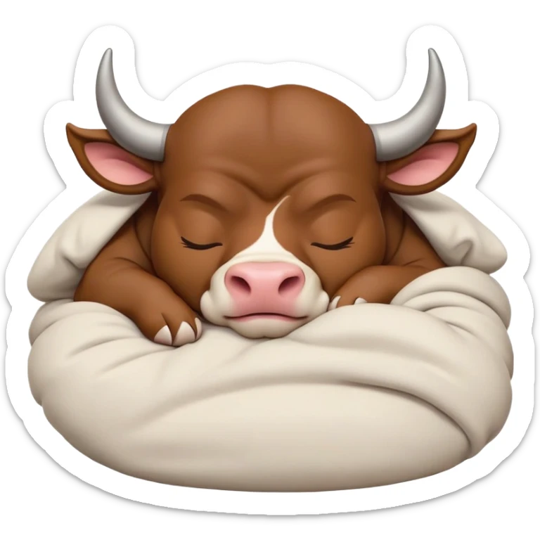 meme-worthy-cute-sleeping-domestic-bull-portrait-emoji,-head-resting-peacefully-with-a-contented-smile,-showcasing-a-robust,-muscular-build-and-a-luxuriously-soft-coat,-eyes-gently-closed-in-serene,-restful-slumber,-simplified,-solid-brown sticker