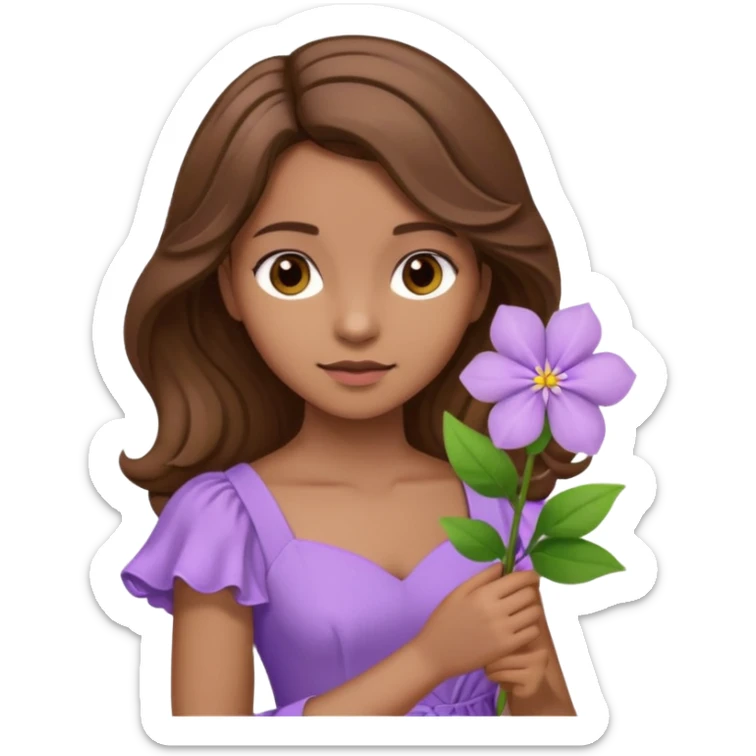 Menina parda/branca de cabelo ondulado castanho partido de lado com uma flor lilás e vestido lilás sticker