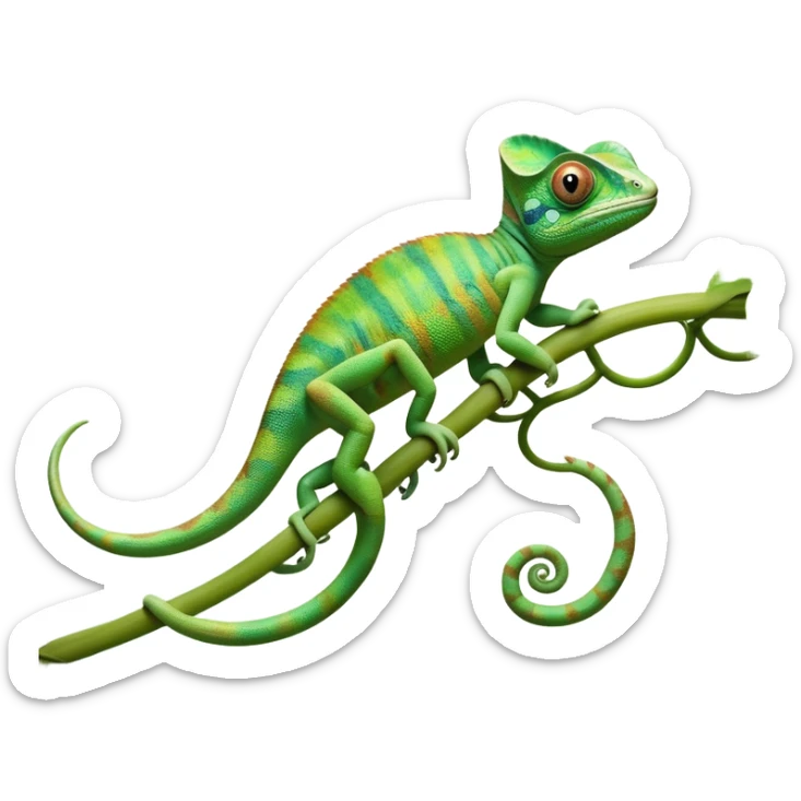 cinematic-chameleon-realistic-full-body-climbing-emoji,-slender-body-gripping-a-twisting-vine-with-prehensile-feet,-scaly-green-skin-shifting-shades-with-its-environment,-large-bulging-eyes-rotating-independently,-delicate-coiled-tail-curling-behind,-long-tongue-slightly-protruding-as-if-ready-to-strike,-simplified-yet-realistic-focused-features,-highly-detailed,-glowing-with-an-ethereal-forest-light sticker