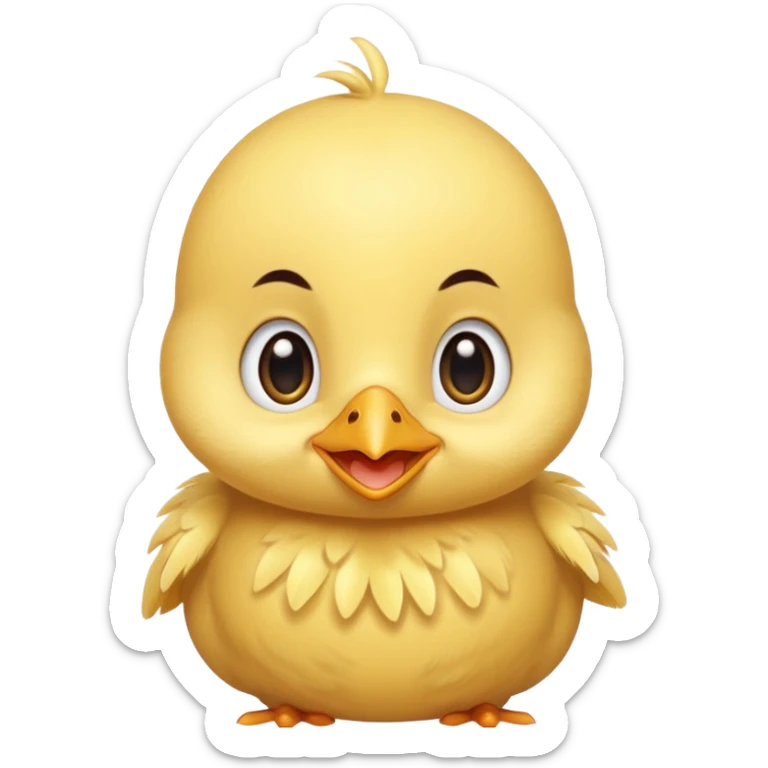 Cute baby chick named Lex, smiling with big shiny eyes, soft yellow feathers, round head, very adorable emoji style sticker