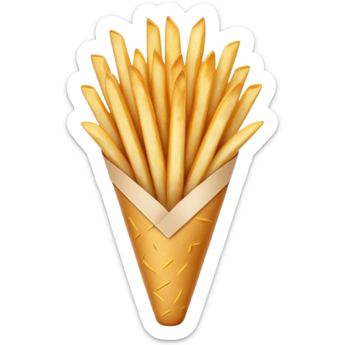 Cinematic Realistic Belgian Fries Dish Emoji, showcasing thick, crispy fries served in a paper cone rendered with detailed textures and golden, appetizing lighting. sticker