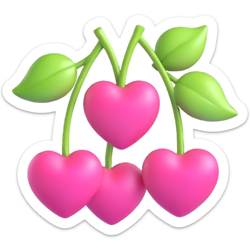 Two pink heart-shaped cherries with a pink ribbon bow, shiny and glossy, in 3D iOS emoji style on a white background. sticker