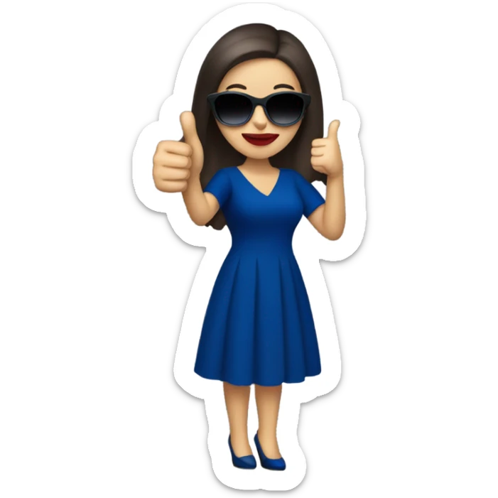 
brunette in dark blue sunglasses, with red lips and in a dark blue dress shows a thumbs up sticker