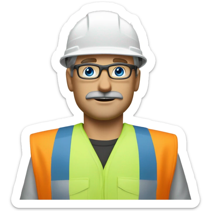 dirty blonde man, thin face, no beard but with mustache, blue/green eyes, glasses, wearing white hard hat that says ”gmc” in orange letters, orange safety vest, blue shirt sticker