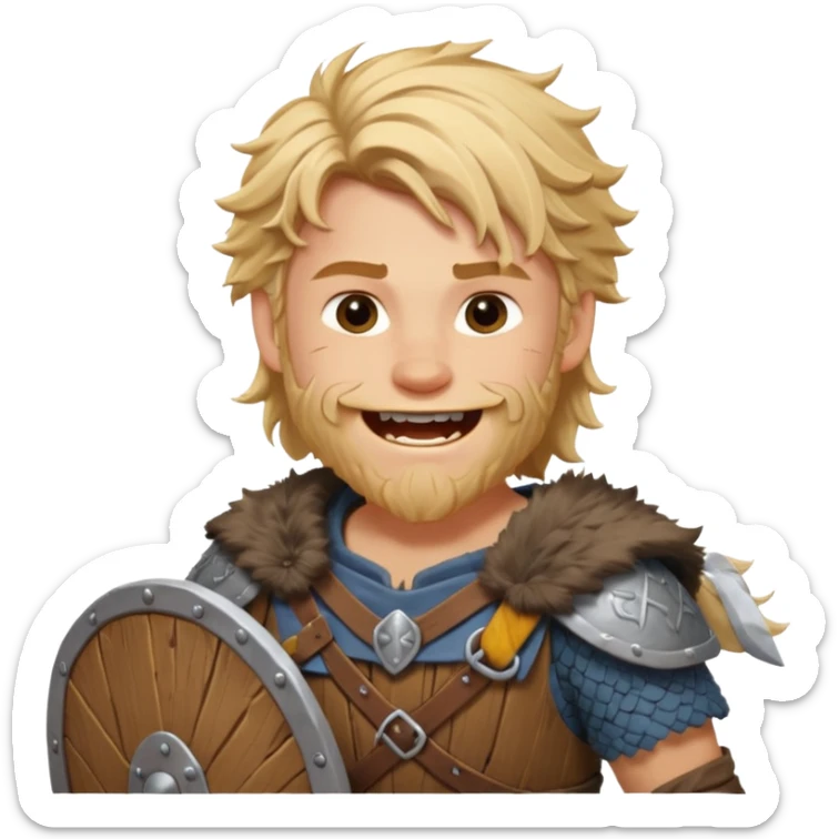 A young Viking warrior with messy blond hair, wooden shield, and fierce excited grin.
 sticker