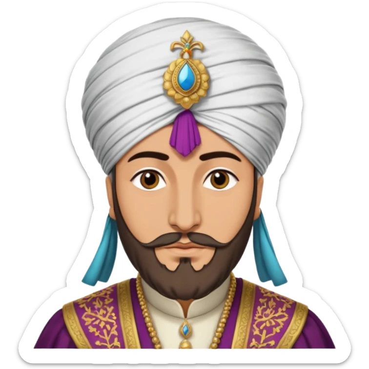 Seljuk Turkish emperor, historical costume, grand turban, luxurious fabrics, imperial presence, rich colors sticker
