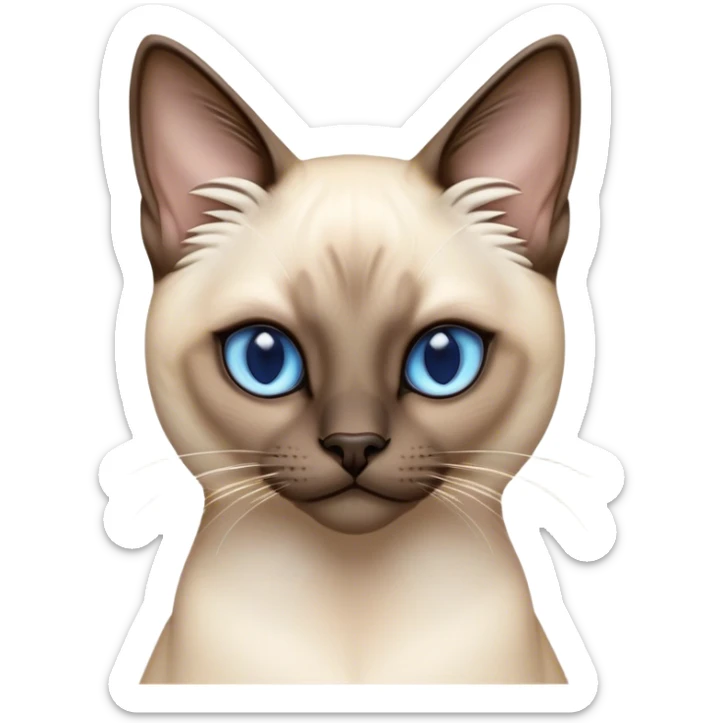 Cinematic Noble Siamese Cat Portrait Emoji, Poised and regal, with sleek cream-colored fur and striking dark points on the ears, face, paws, and tail, piercing sapphire-blue eyes, Simplified yet sharp and sophisticated features, highly detailed, glowing with a soft, dignified glow, high shine, intelligent and graceful, stylized with an air of elegance, focused and attentive, soft glowing outline, capturing the essence of a watchful and refined feline, so majestic it feels as though it could glide across the screen with effortless confidence! sticker