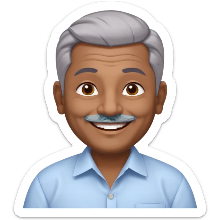 50 yr old indian man, dark skin, grey hair, big smile, white teeth, chubby, no moustache, clean shaven, young style hair, hair brushed back, 5 oclock shadow, bindy on forehead, dress shirt, bindy sticker