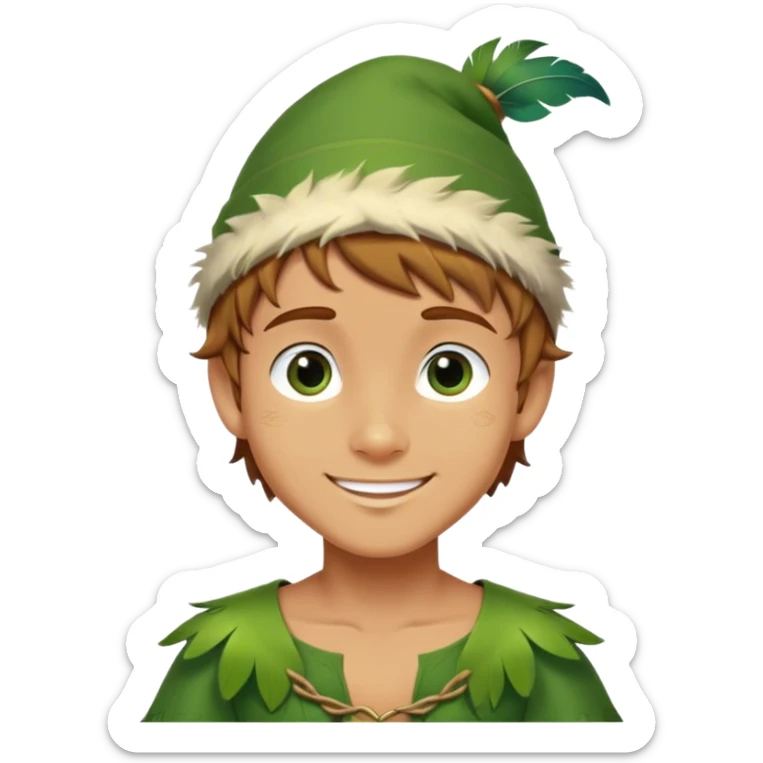 Cinematic Realistic Peter Pan Portrait, depicted with lifelike, youthful skin touched by a gentle sun-kissed glow. His bright, expressive eyes and confident smile evoke a timeless sense of wonder. Dressed in his iconic green tunic and feathered cap, every detail is rendered with soft, natural lighting that highlights his blend of innocence and courageous spirit. sticker