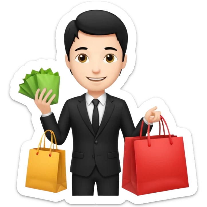 a white elegant man black hair in a black suit with clothing shopping bag sticker