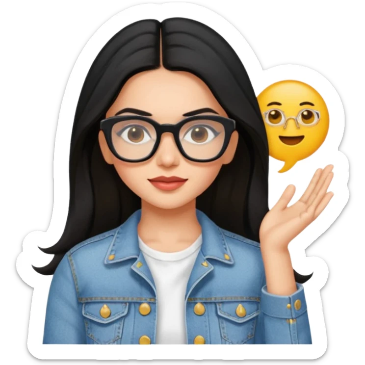 generate a pretty bratz emoji 
Make her wear a white dress with a denim jacket over it. black hair side part 

She should look exactly  like Deepika padukone. wearing rectangular spectacle sticker