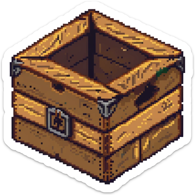 Flat 2D wooden crate with metal reinforcements, color #c2410c with darker wood grain, visible wood grain texture, metal bands across the crate, no perspective, flat 2D appearance, breakable look, simple warning symbol, 32x32 pixels sticker