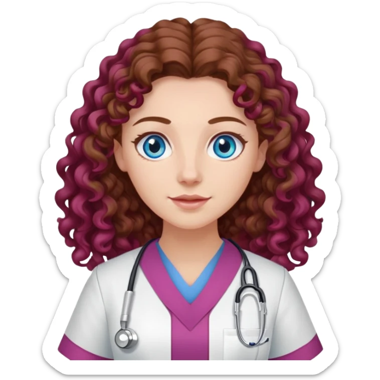 Nurse with long brown curly hair and blue eyes, burgundy tunic, white pants, pink shoes sticker