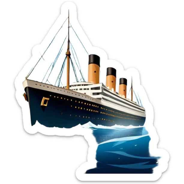Icon for Titanic Movie: A vintage movie poster-style design featuring a dramatic scene of the ship, the iceberg, and a romantic silhouette of the main couple. Include elements like the ship’s bow, water splashes, and a starry sky in the background. Retro cinematic feel. Transparent background. sticker