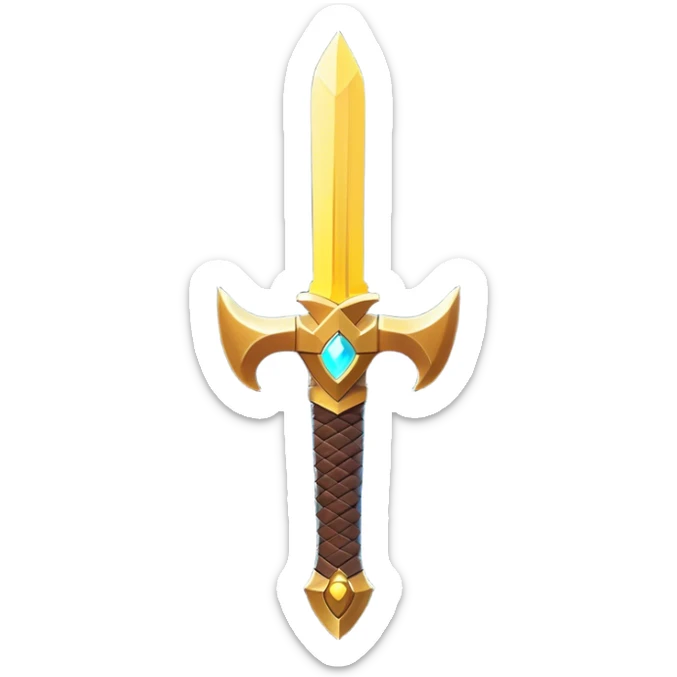 Clash of Clans aesthetic: Cinematic Playful Pixel 3D Sword Portrait Emoji, rendered in a 3D vector-style similar to standard emojis with minimal shading and bold, simplified shapes. A compact, distinct form with signature details, softly glowing with a pixelated adventure charm. Simplified yet unmistakably iconic, highly detailed and consistent, glowing with a soft radiance and high shine. Stylized with a touch of classic pixel-art charm and a soft glowing outline, capturing the essence of a beloved gaming relic with a friendly, playful manner! sticker
