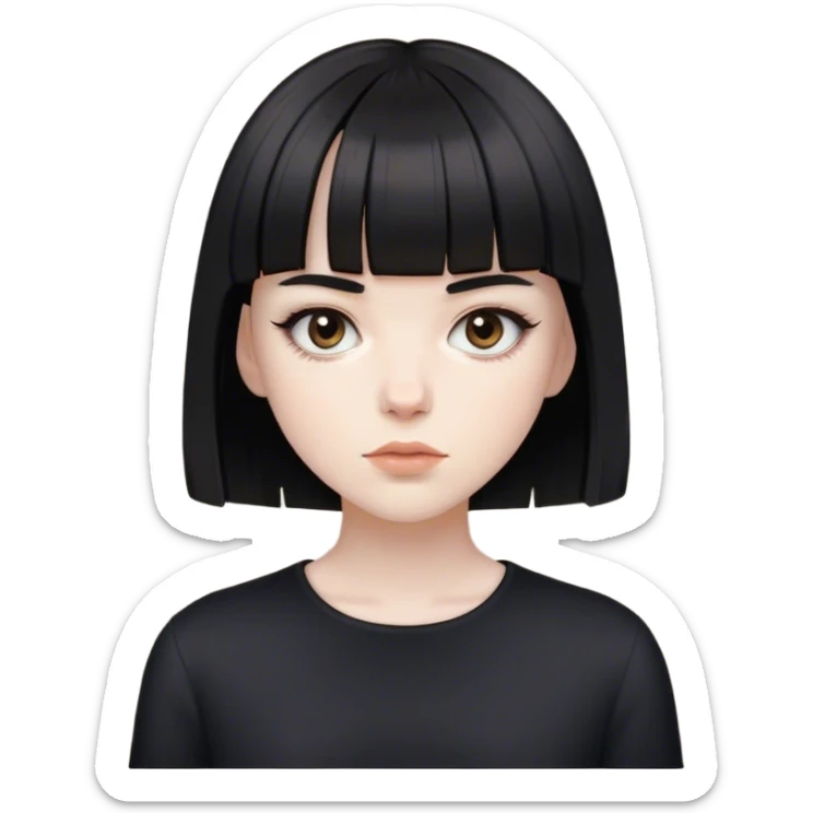 A white and pale girl with short black hair and fringe with light brown eyes looking like a porcelain doll with black clothes sticker