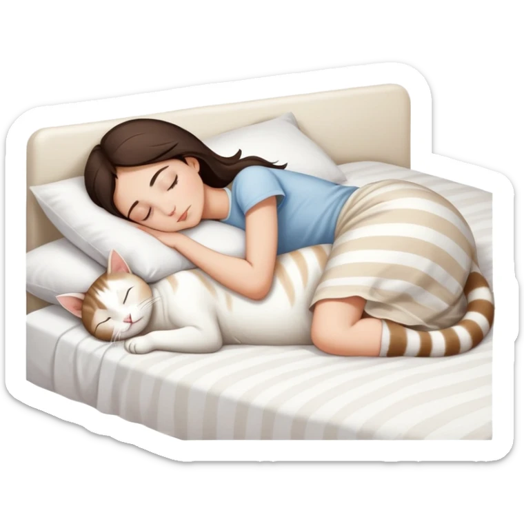 side view Brunette teenage girl sleeping with white cat that has beige stripes on a white pillow with white sheets sticker